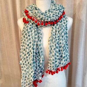 Stylish White and Red Pom-Pom Scarf